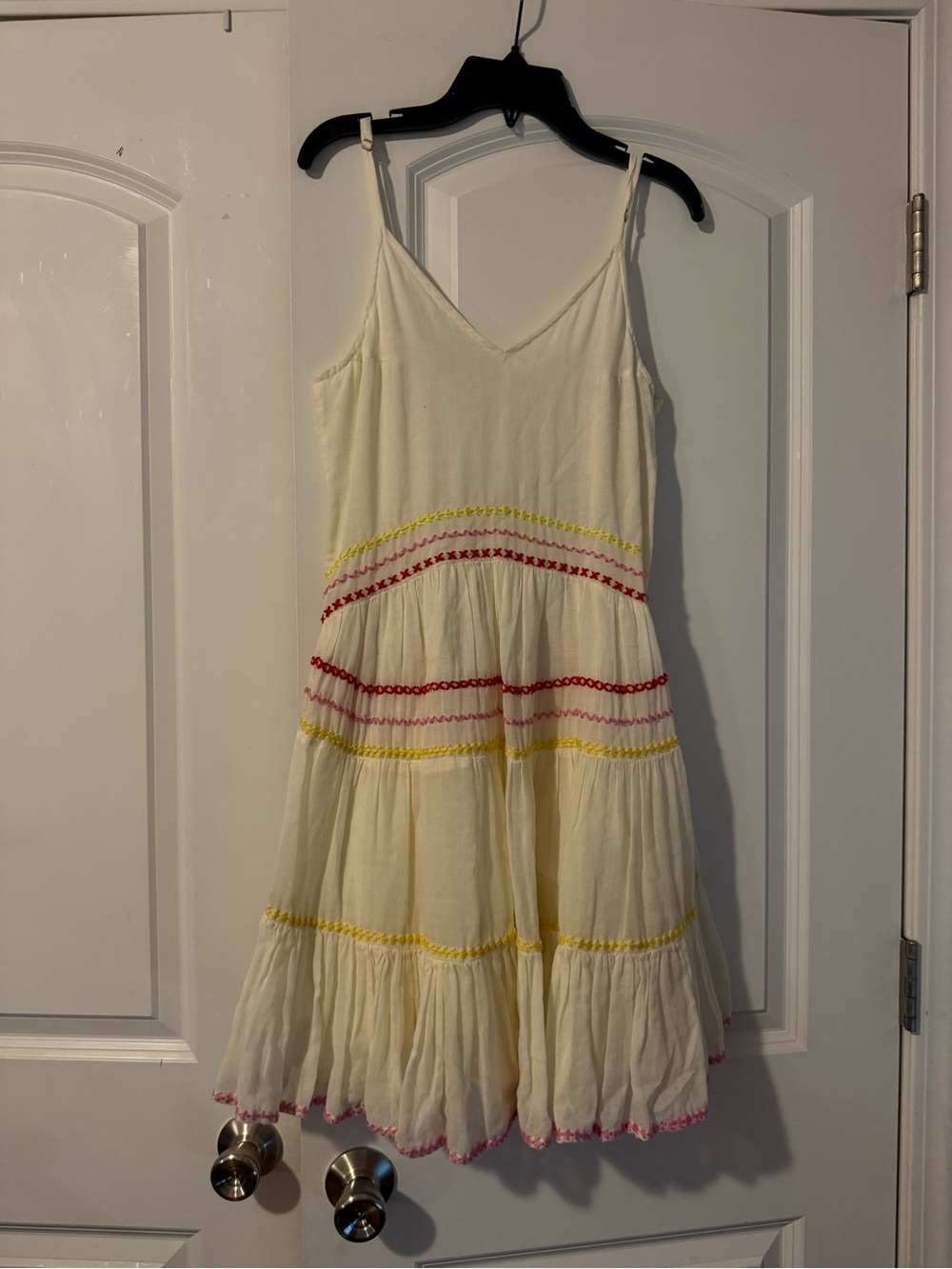 Cream Tiered Midi Sundress with Red and Yellow Trim